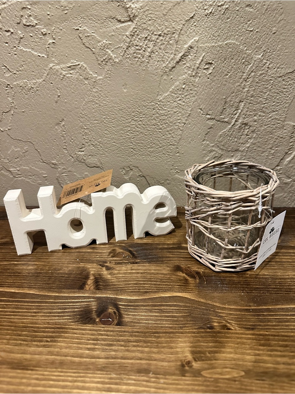 White 'Home' Decorative Sign and Wicker Glass Holder Set